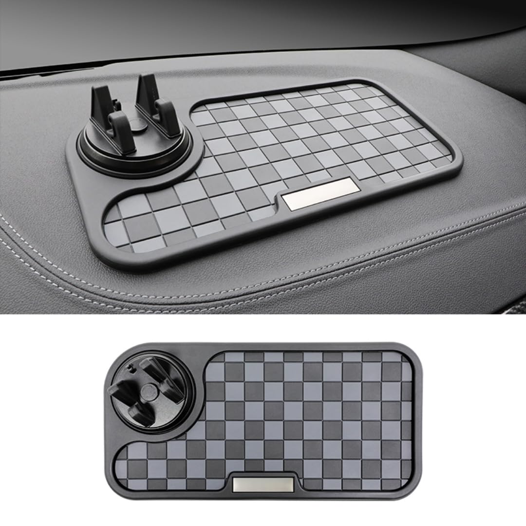 Non-slip car dashboard mat with phone holder, checkerboard, black/grey