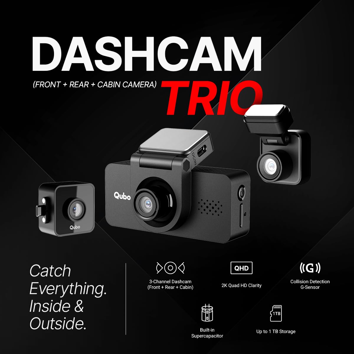 Qubo Dashcam Trio 3-channel front, rear and cabin dashcam