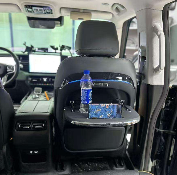 Black rear seat organiser with food tray, ambient light, wireless charger (set of 2)