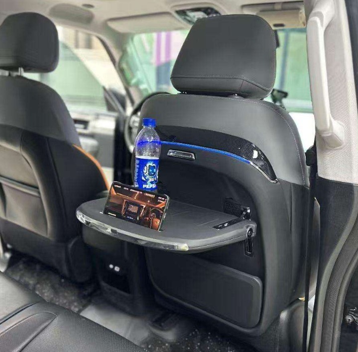 Black rear seat organiser with food tray, ambient light, wireless charger (set of 2)