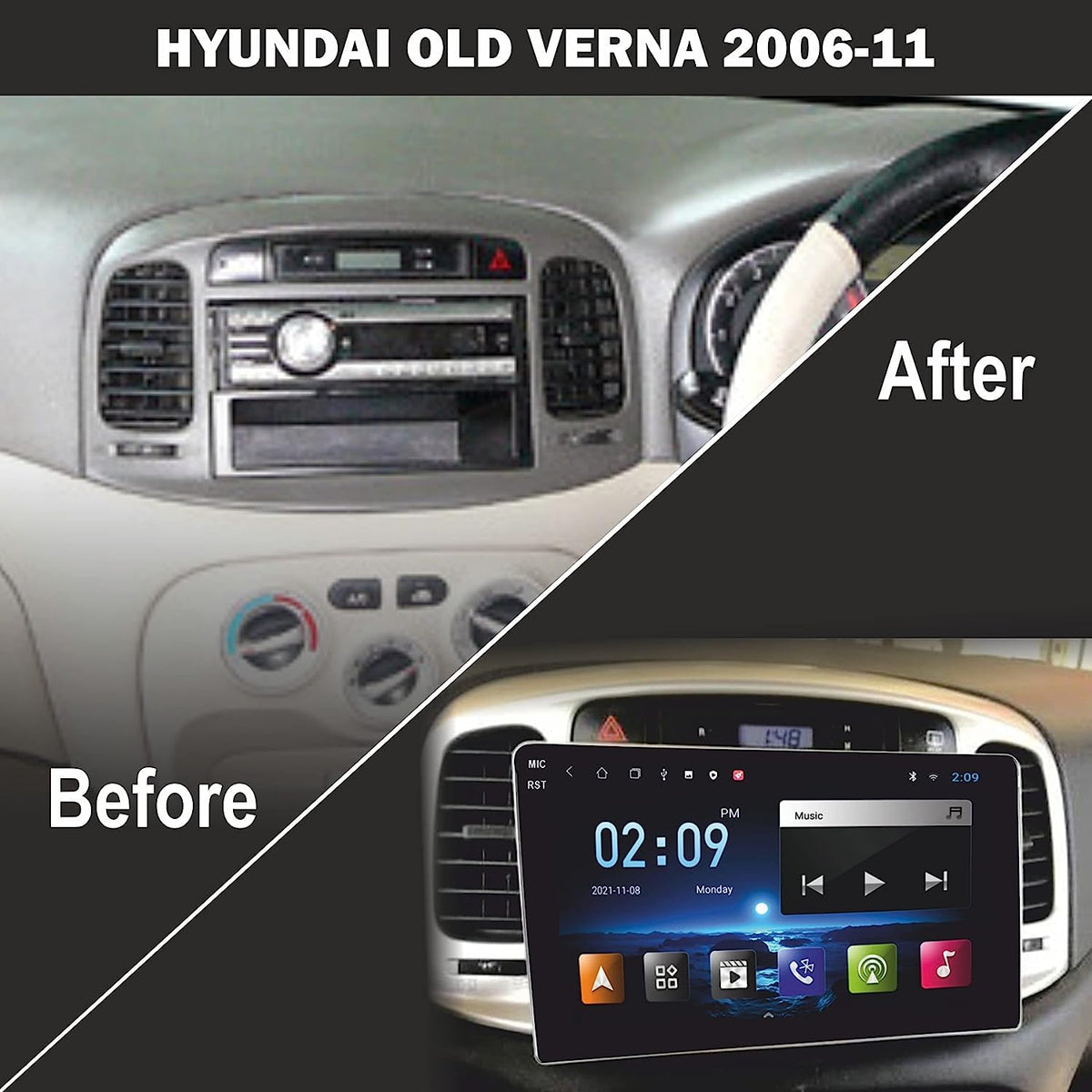 CarDost 9" Android frame dashboard panel for Hyundai Verna (2006–2011)