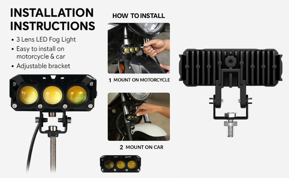 Universal 3-lens LED projector fog lamp, 12V