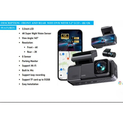 Pricol front and rear 4K WiFi car dash cam