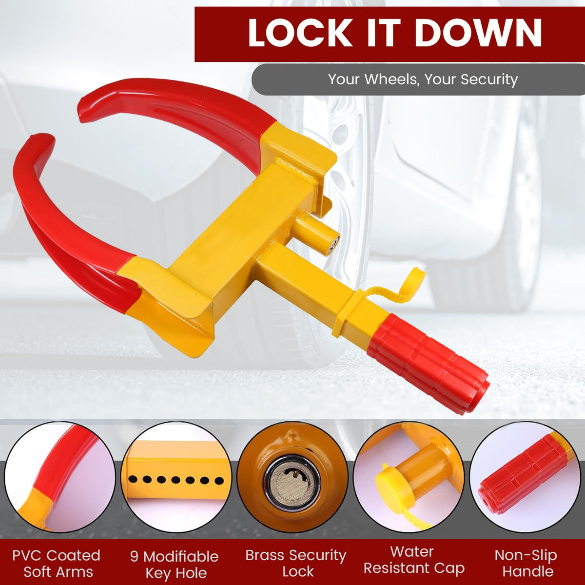 CarDost anti-theft car wheel lock clamp, red and yellow