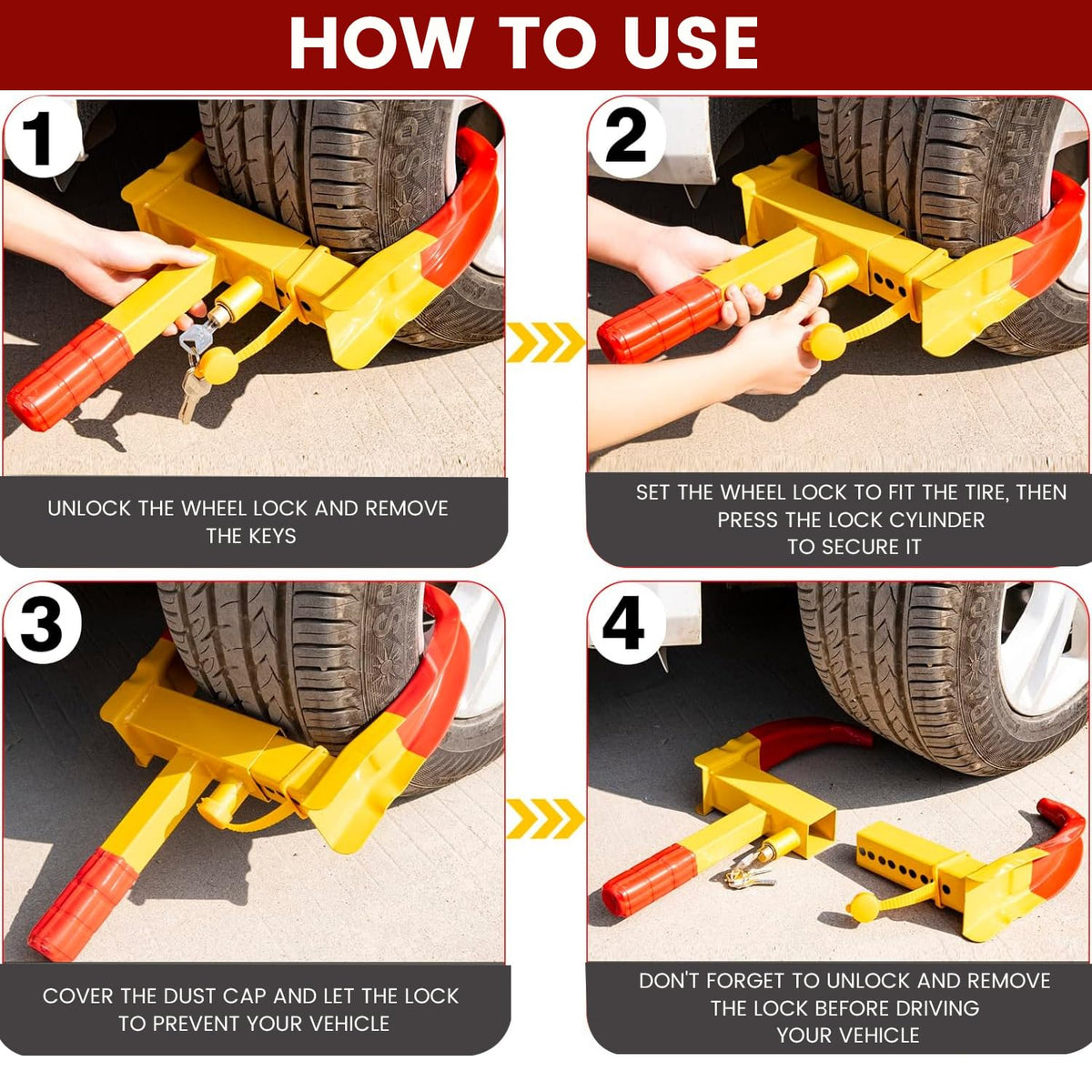 CarDost anti-theft car wheel lock clamp, red and yellow