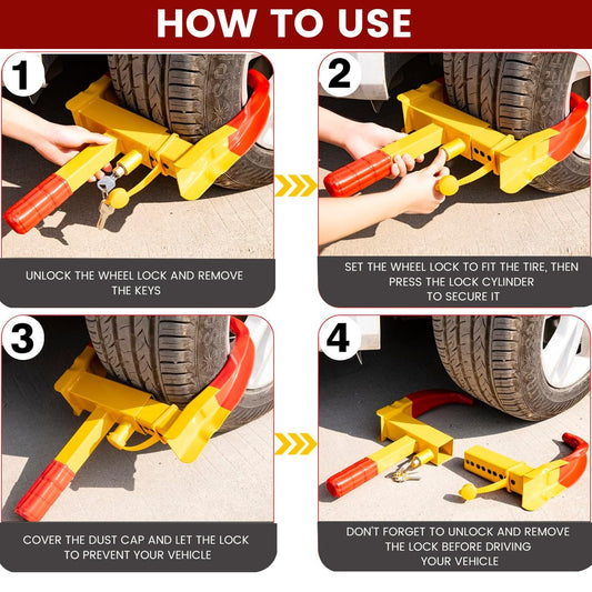 CarDost anti-theft car wheel lock clamp, red and yellow