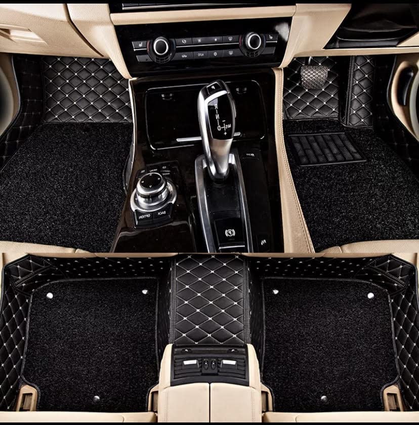 CarDost 7D floor mats for Mahindra XUV 3XO, black with beige stitch