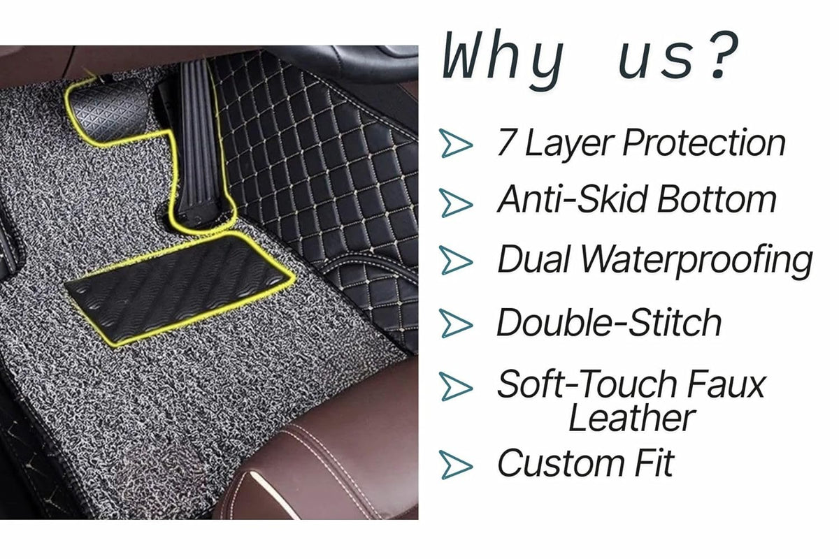 CarDost 7D floor mats for Mahindra XUV 3XO, black with beige stitch