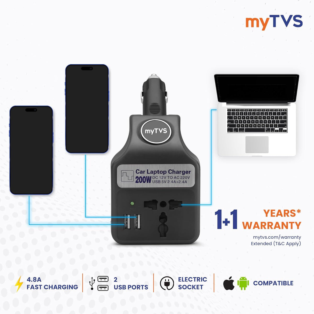 myTVS 200W car laptop and mobile charger power inverter