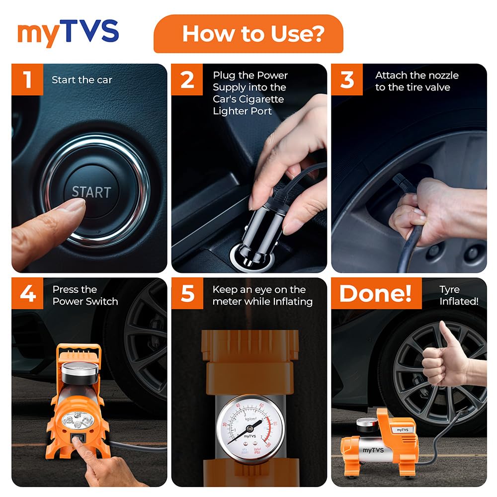 myTVS 12V car tyre inflator with LED torch