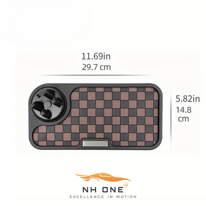Non-slip car dashboard mat with phone holder, checkerboard, black/grey