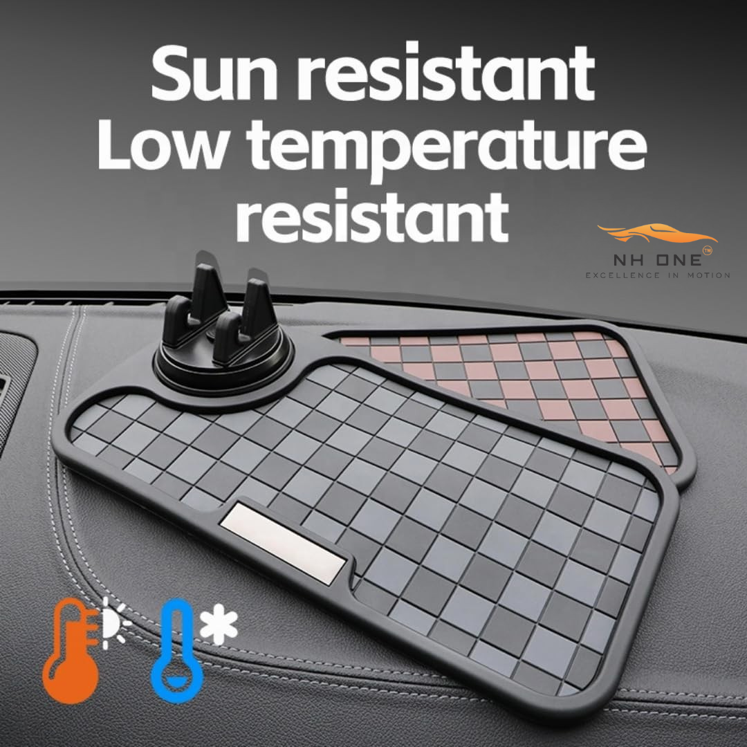 Non-slip car dashboard mat with phone holder, checkerboard, black/grey