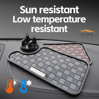 Non-slip car dashboard mat with phone holder, checkerboard, black/grey