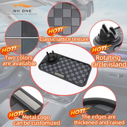 Non-slip car dashboard mat with phone holder, checkerboard, black/grey