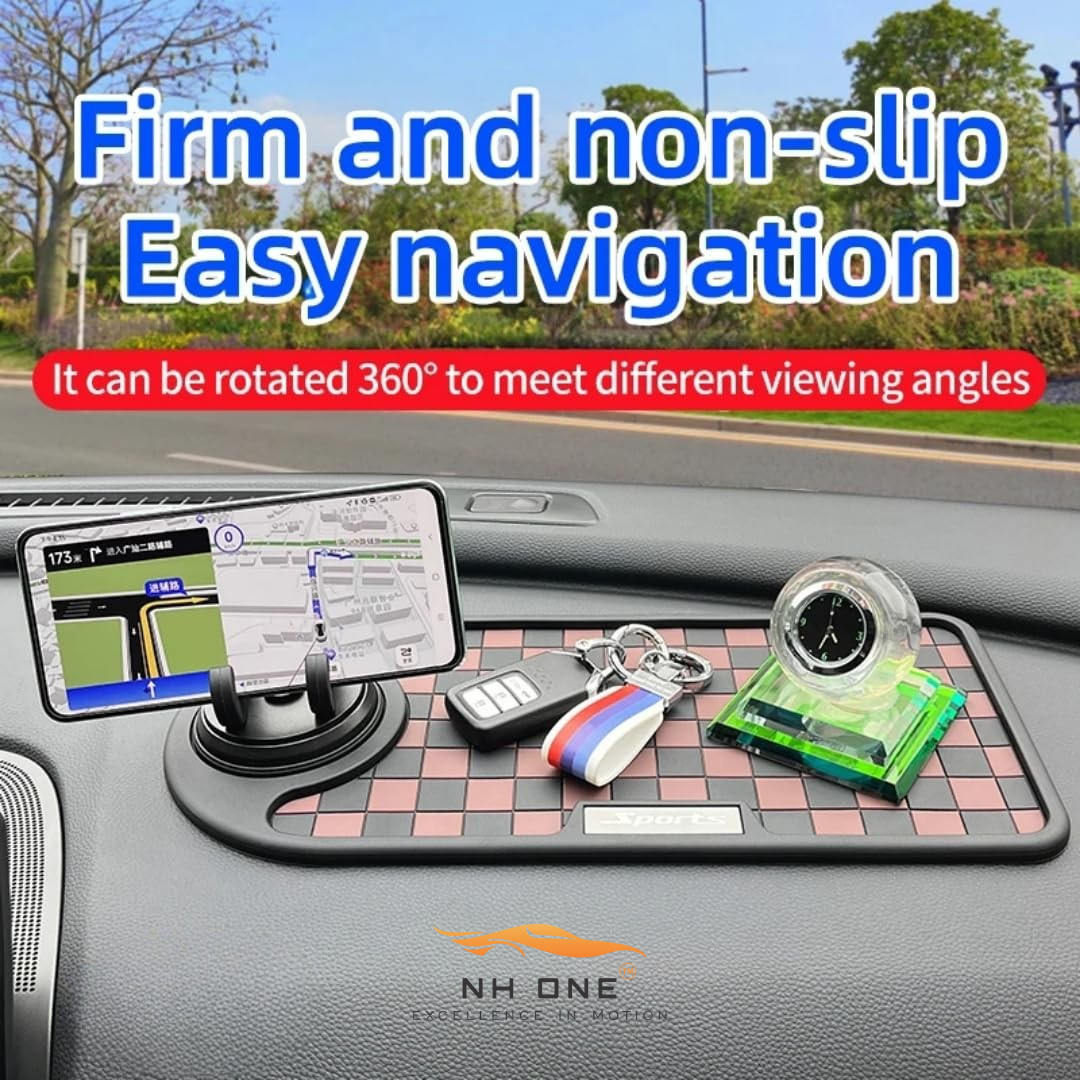 Non-slip car dashboard mat with phone holder, checkerboard, black/grey