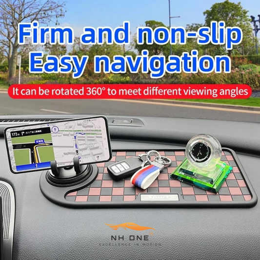 Non-slip car dashboard mat with phone holder, checkerboard, black/grey