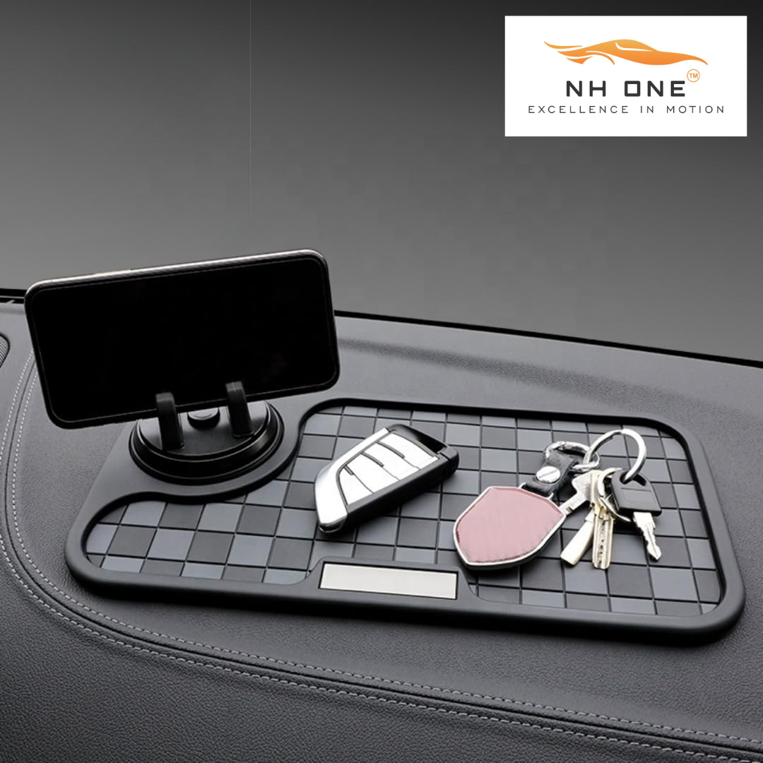 Non-slip car dashboard mat with phone holder, checkerboard, black/grey