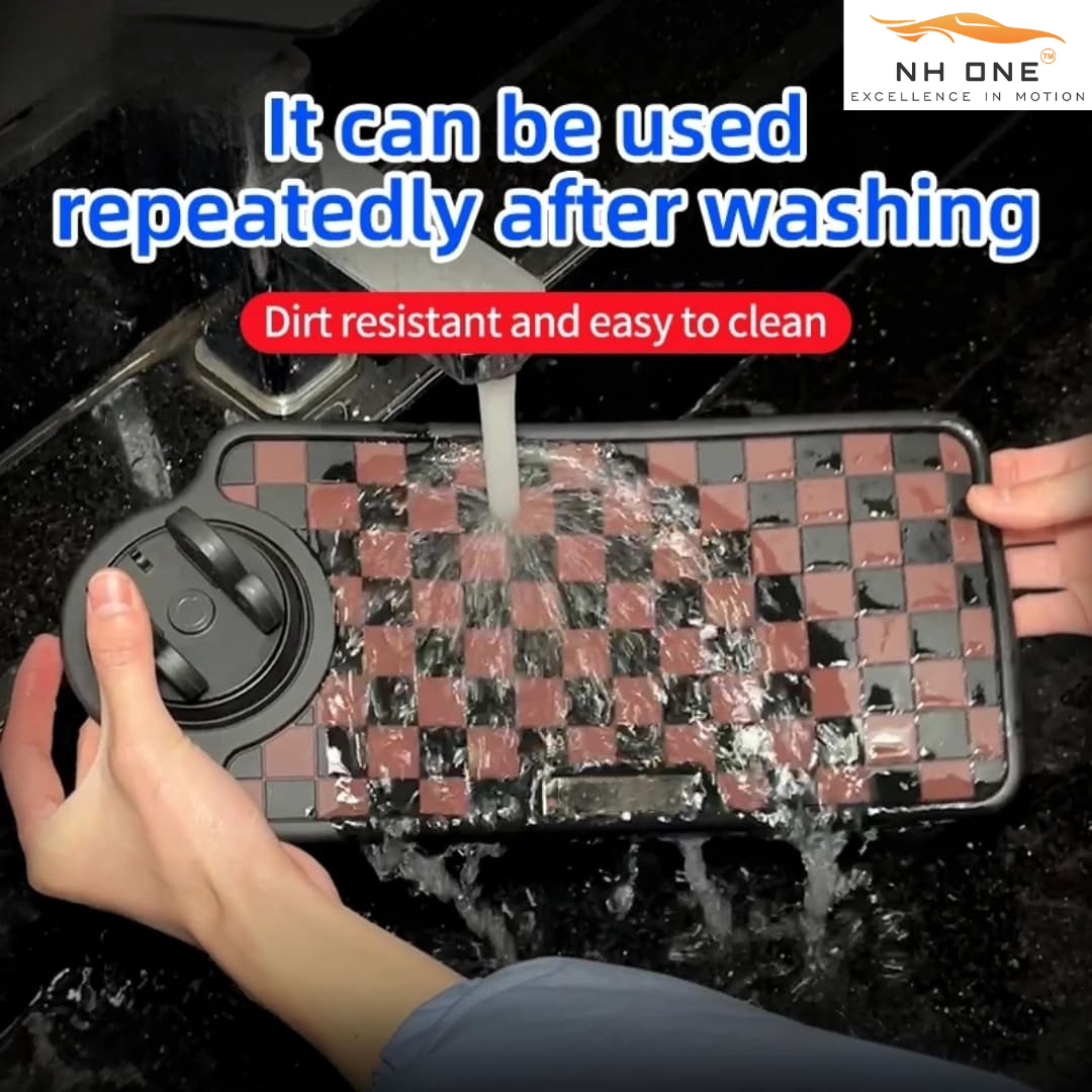 Non-slip car dashboard mat with phone holder, checkerboard, black/grey