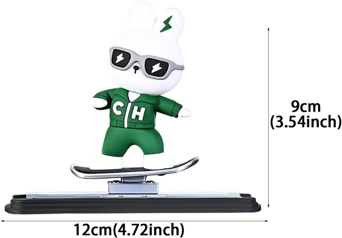 Skateboarding bunny car dashboard figure, green and white, 9cm
