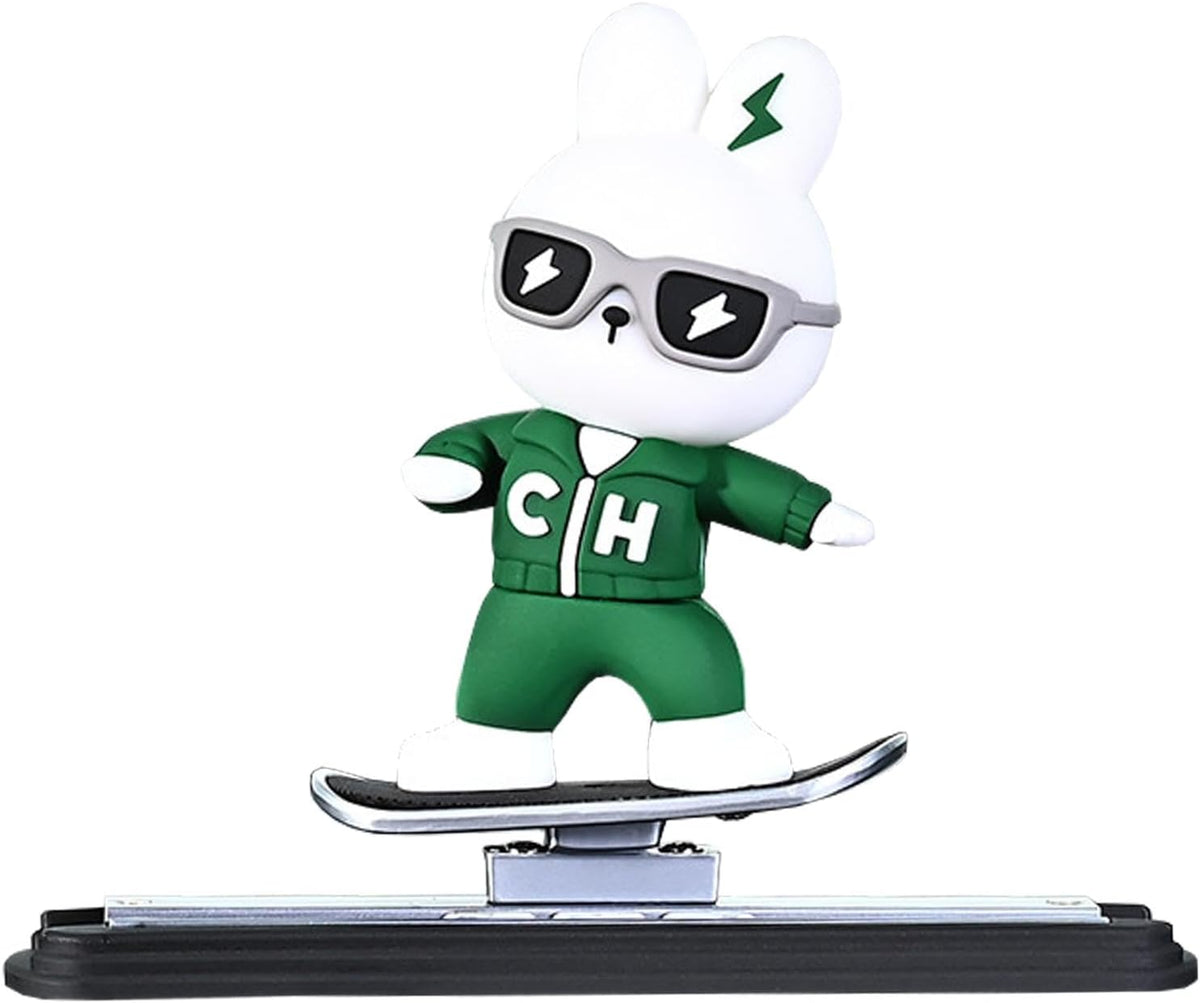 Skateboarding bunny car dashboard figure, green and white, 9cm