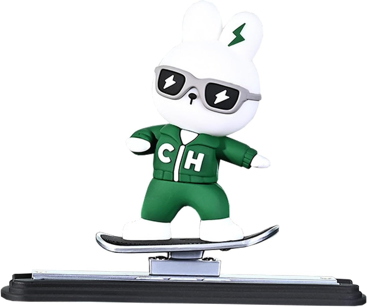 Skateboarding bunny car dashboard figure, green and white, 9cm