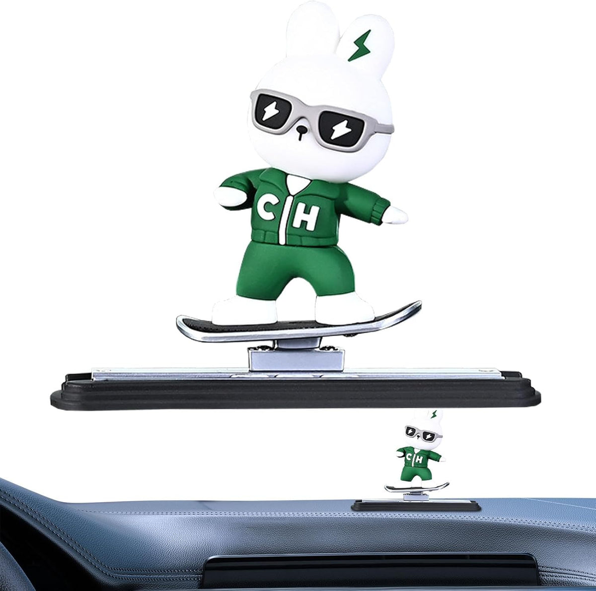 Skateboarding bunny car dashboard figure, green and white, 9cm