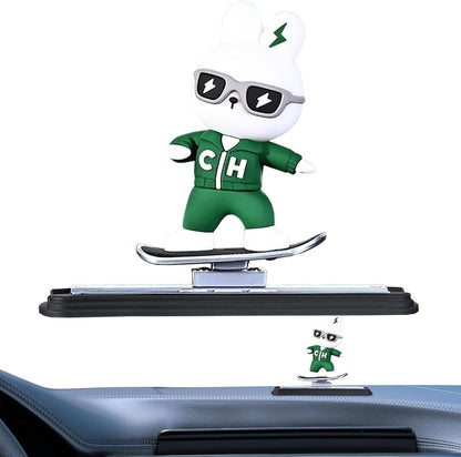 Skateboarding bunny car dashboard figure, green and white, 9cm