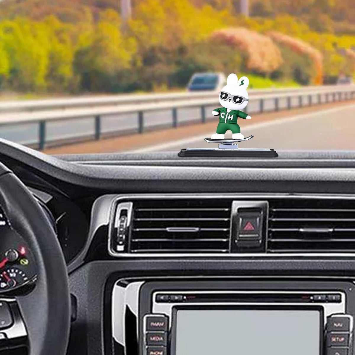 Skateboarding bunny car dashboard figure, green and white, 9cm