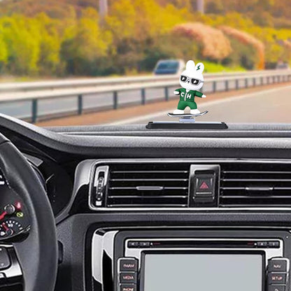 Skateboarding bunny car dashboard figure, green and white, 9cm