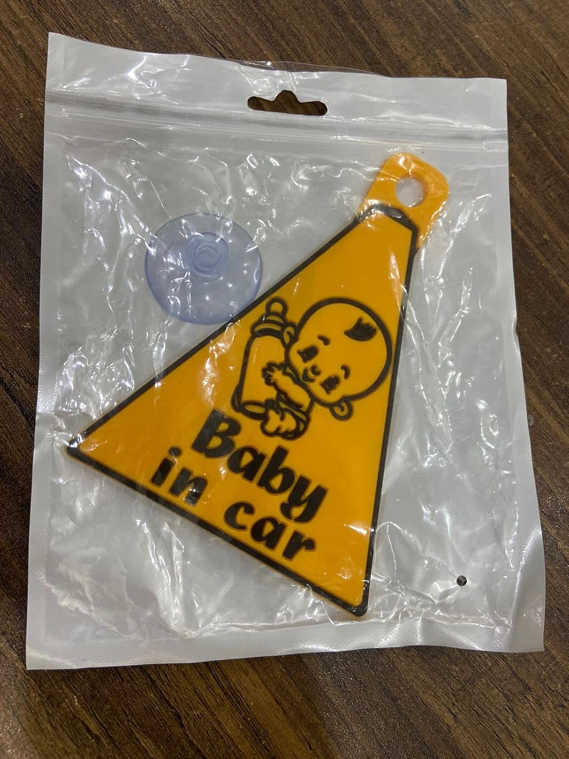 Baby in Car triangle warning sign, yellow and black, suction cup