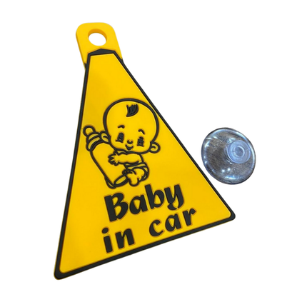 Baby in Car triangle warning sign, yellow and black, suction cup
