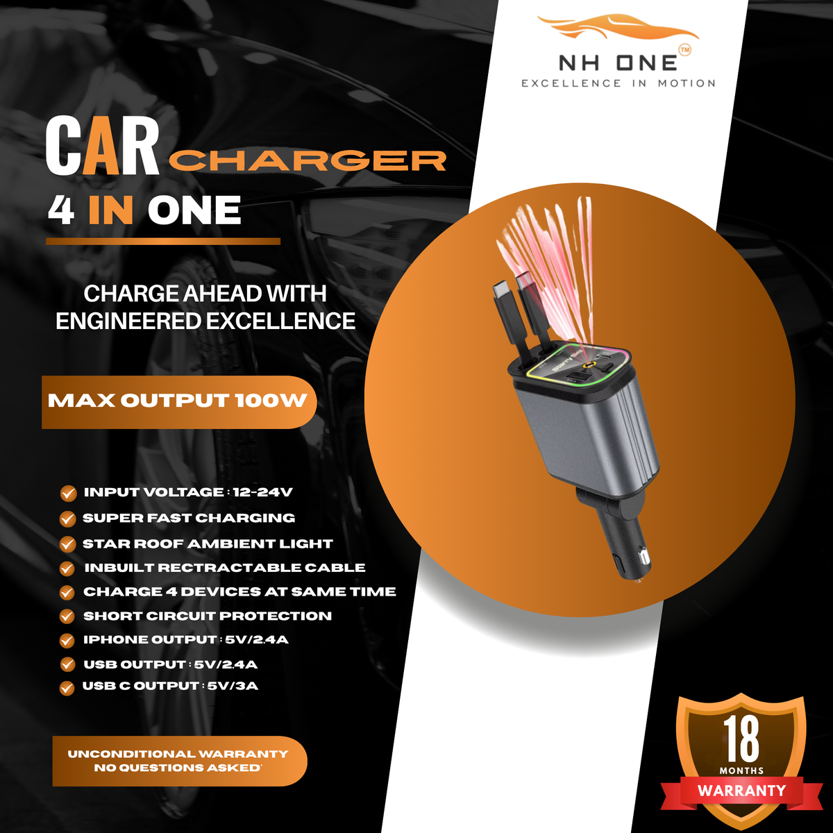 CarDost 4-in-1 fast car charger with starlight projector