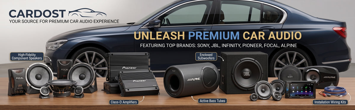 CarDost premium car audio systems banner - Focal, Pioneer, Alpine, JBL, Sony